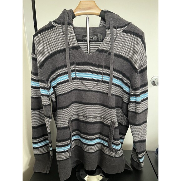 Retrofit Men's Knit Pullover Hoodie Sweater Gray Blue Striped Size Large - Picture 1 of 6